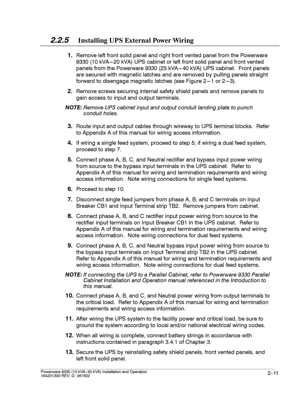 Powerware 9330 operation manual Installing UPS External Power Wiring 