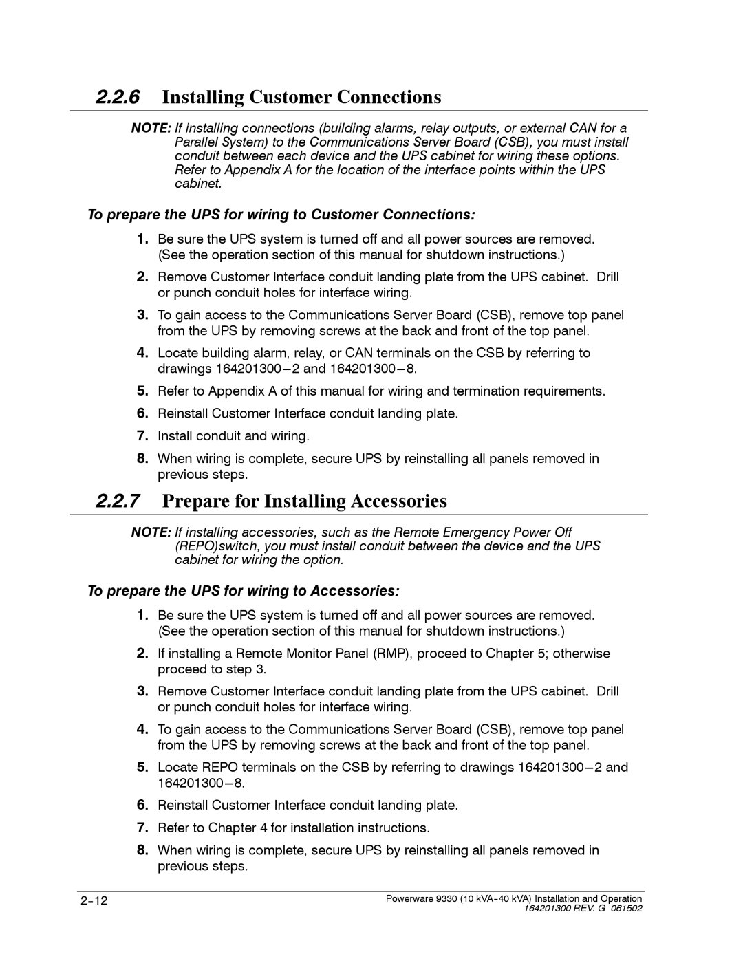 Powerware 9330 operation manual Installing Customer Connections 