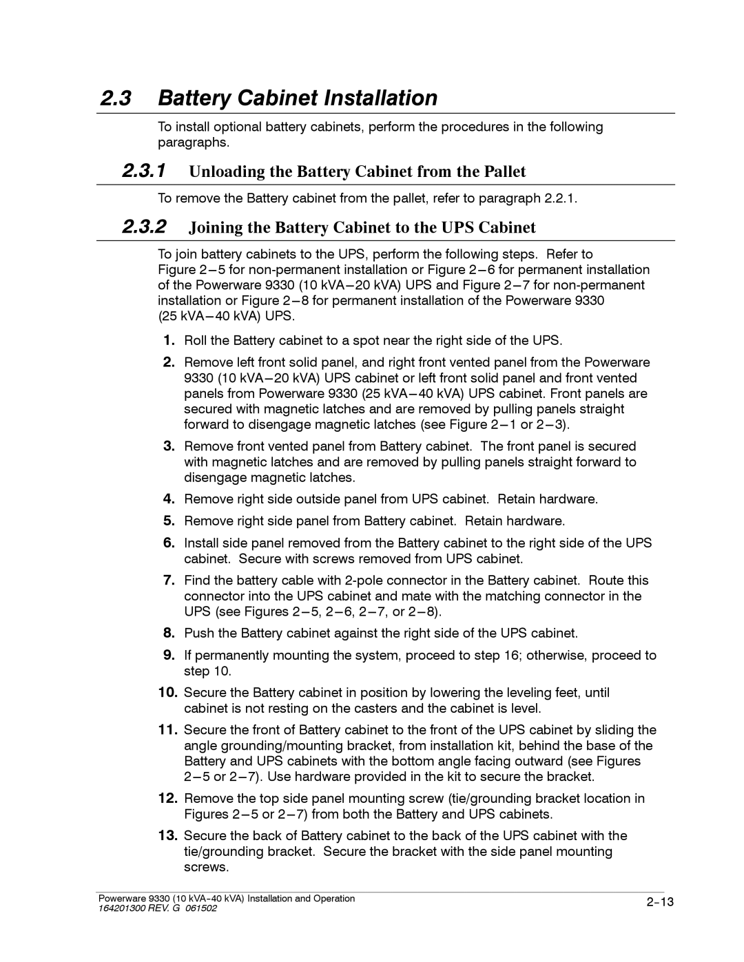 Powerware 9330 operation manual Battery Cabinet Installation, Joining the Battery Cabinet to the UPS Cabinet 