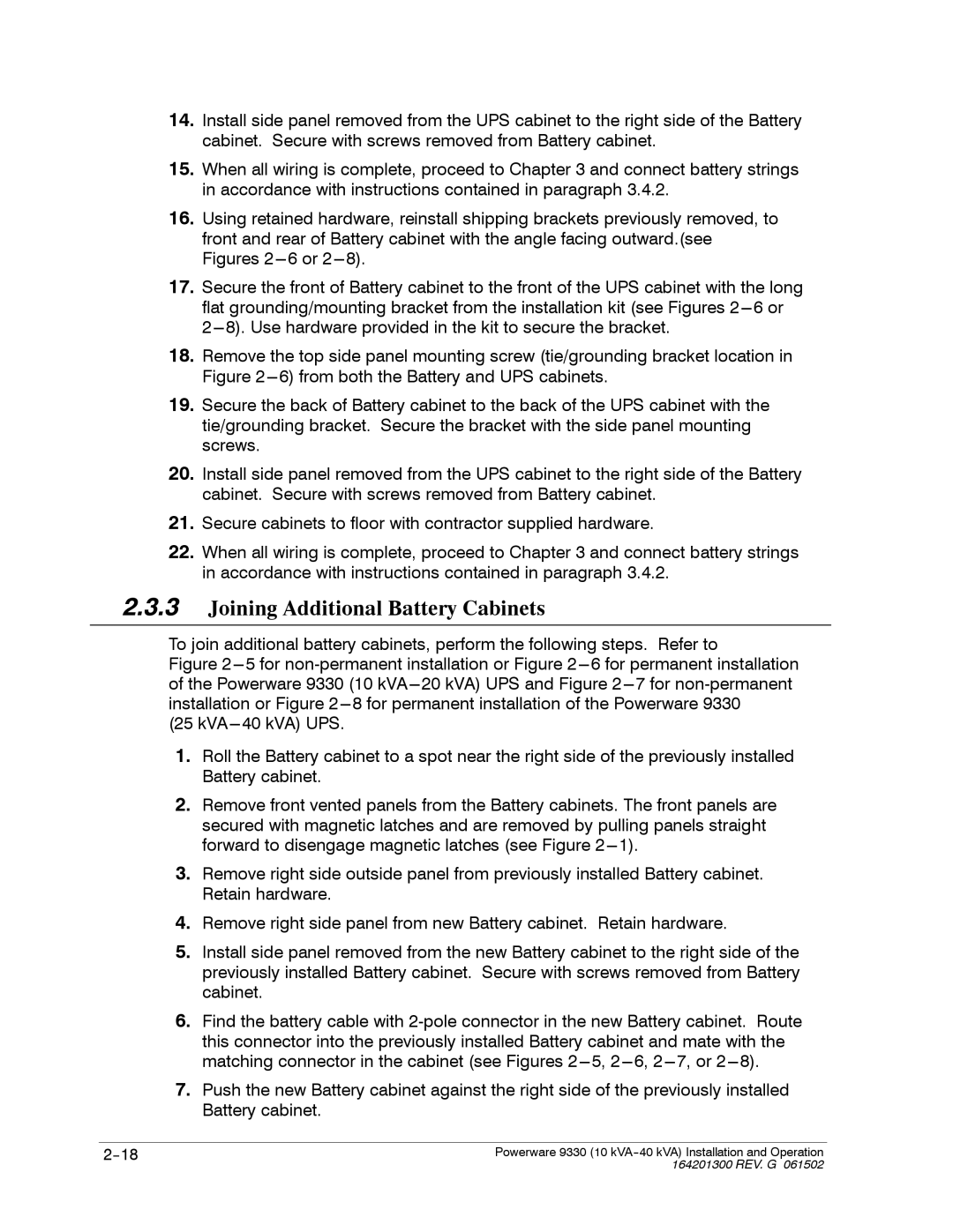 Powerware 9330 operation manual Joining Additional Battery Cabinets 