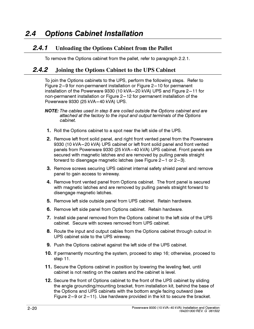 Powerware 9330 operation manual Options Cabinet Installation, Joining the Options Cabinet to the UPS Cabinet 