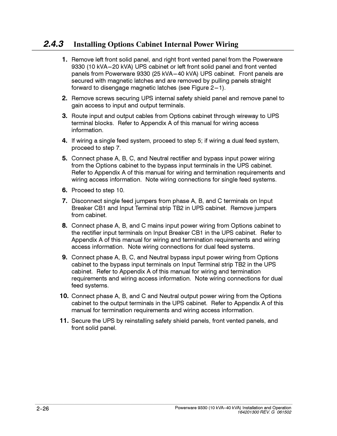 Powerware 9330 operation manual Installing Options Cabinet Internal Power Wiring 