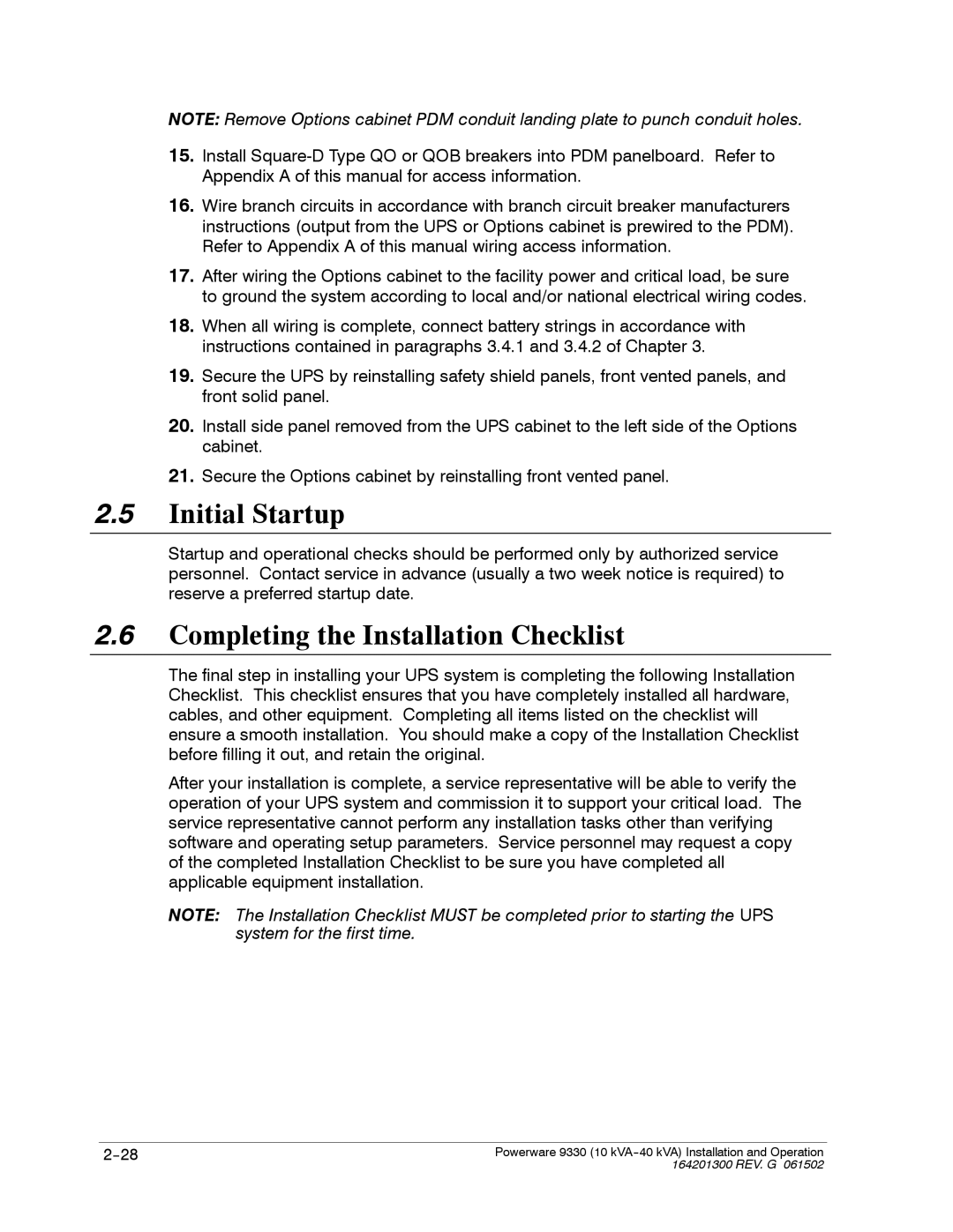 Powerware 9330 operation manual Initial Startup 