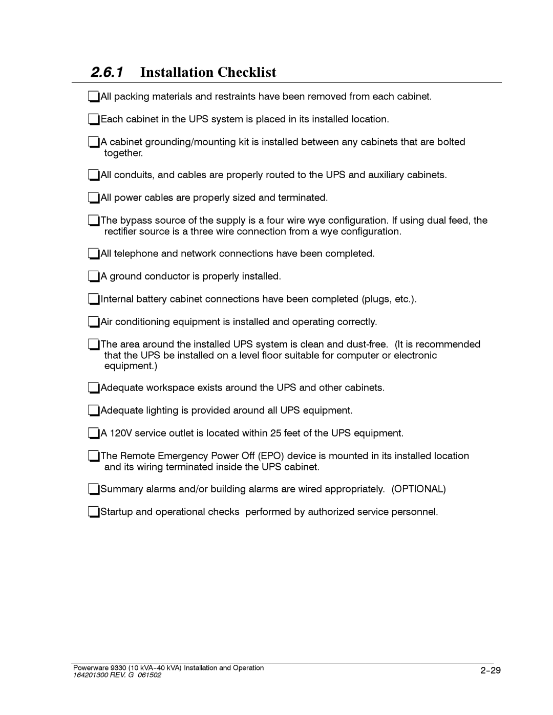 Powerware 9330 operation manual Installation Checklist 