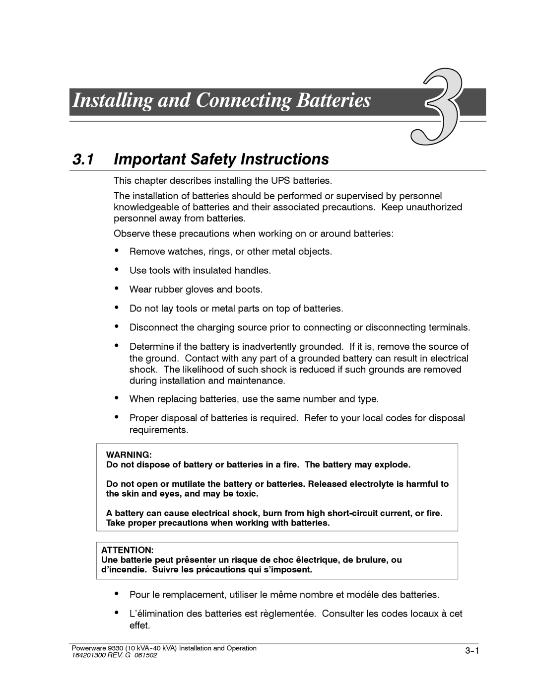 Powerware 9330 operation manual Installing and Connecting Batteries, Important Safety Instructions 