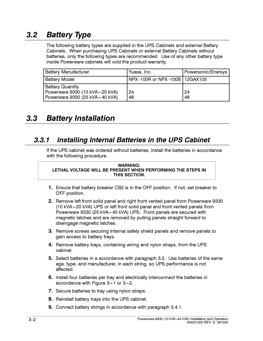 Powerware 9330 operation manual Battery Type, Battery Installation, Installing Internal Batteries in the UPS Cabinet 