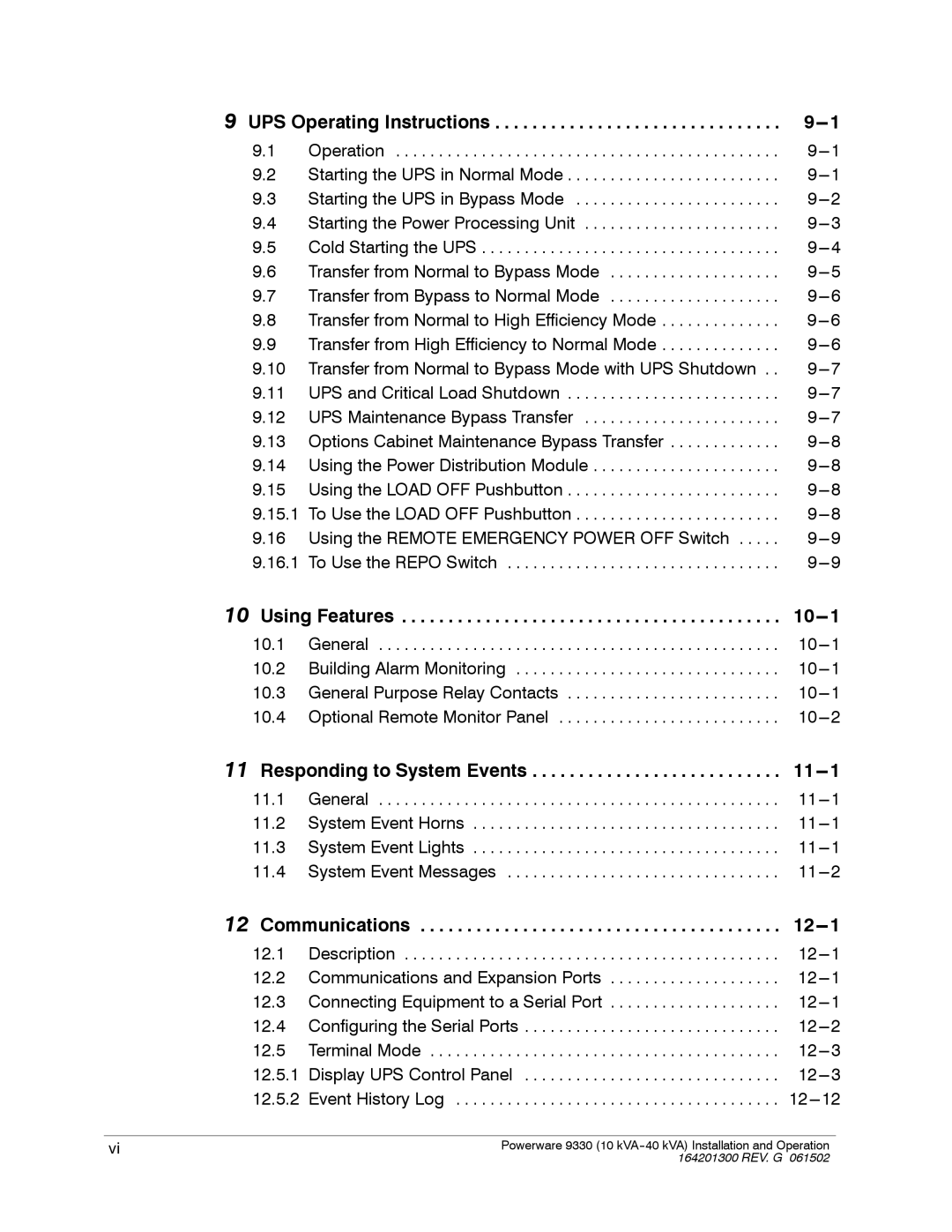 Powerware 9330 operation manual UPS Operating Instructions, Using Features 10---1, Responding to System Events 11---1 