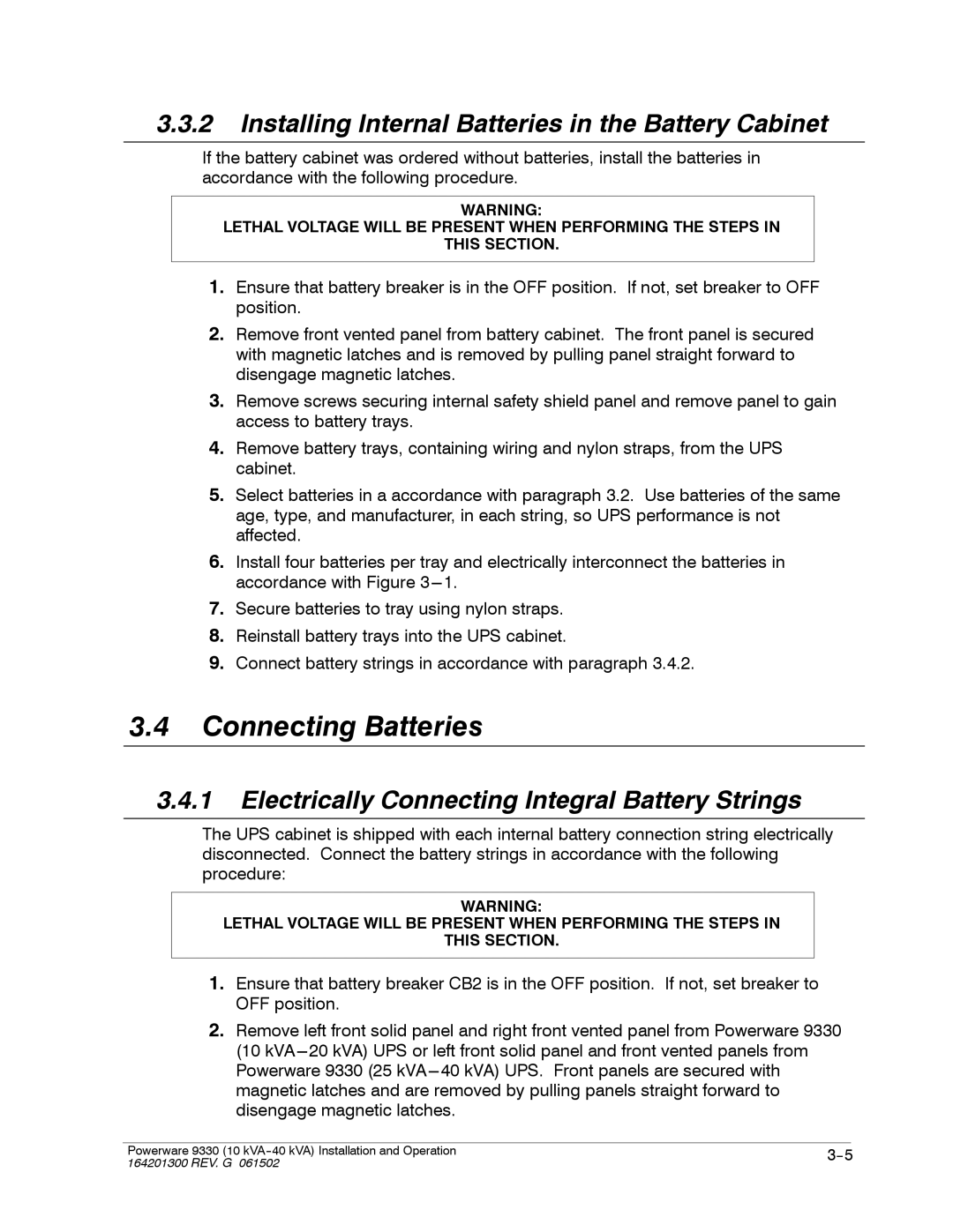 Powerware 9330 operation manual Connecting Batteries, Installing Internal Batteries in the Battery Cabinet 