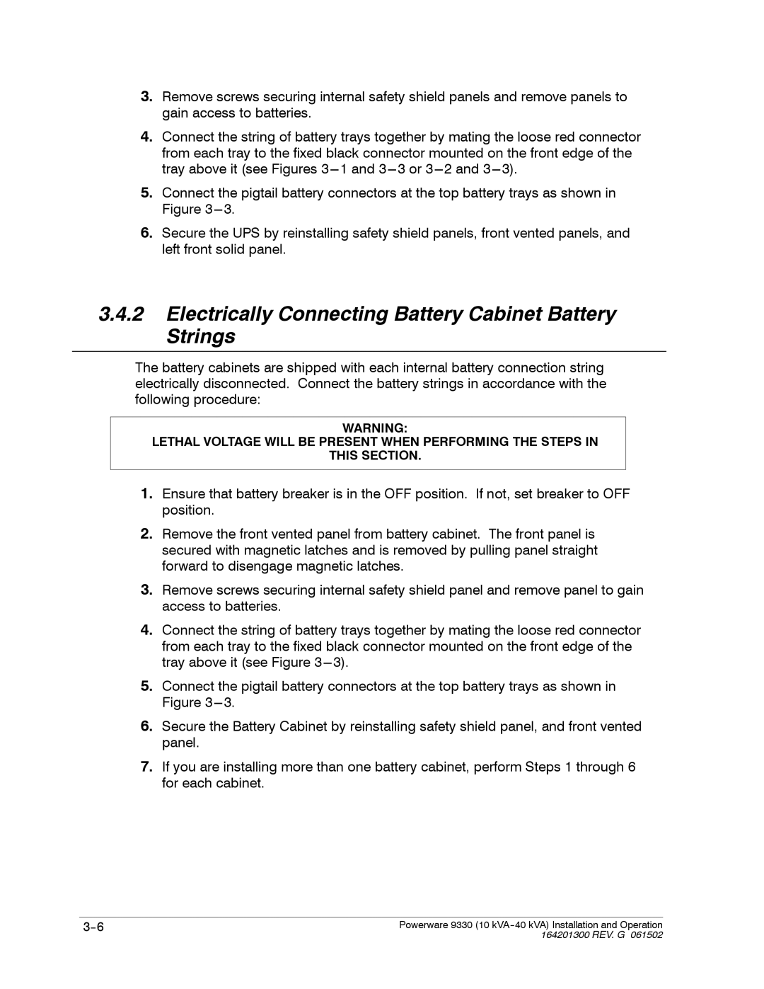 Powerware 9330 operation manual Electrically Connecting Battery Cabinet Battery Strings 