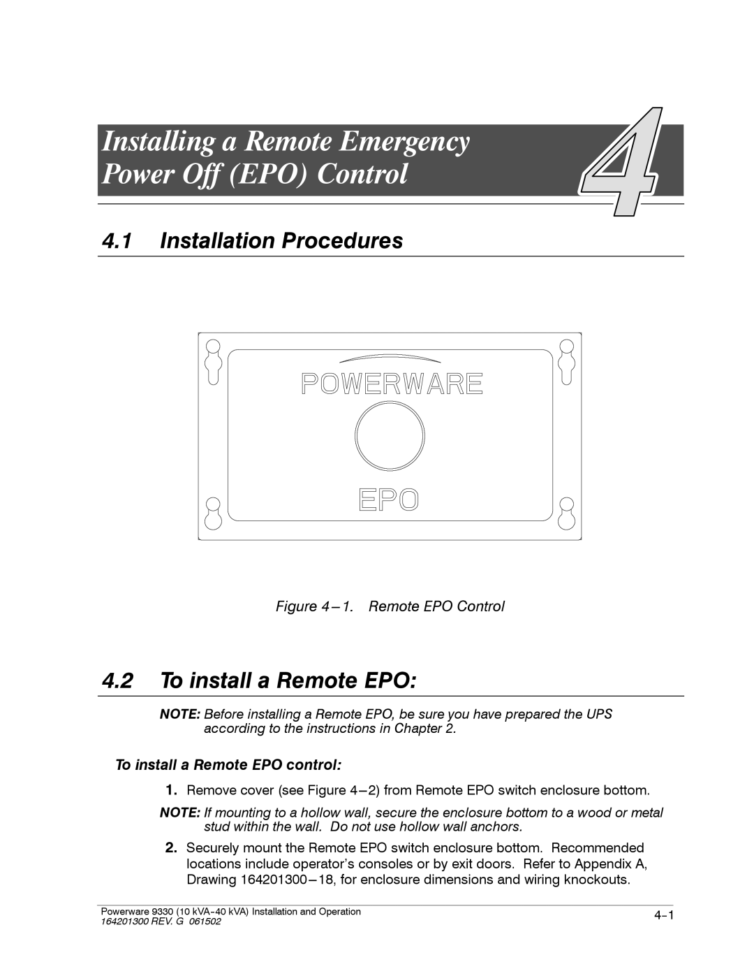 Powerware 9330 Installing a Remote Emergency Power Off EPO Control, Installation Procedures, To install a Remote EPO 