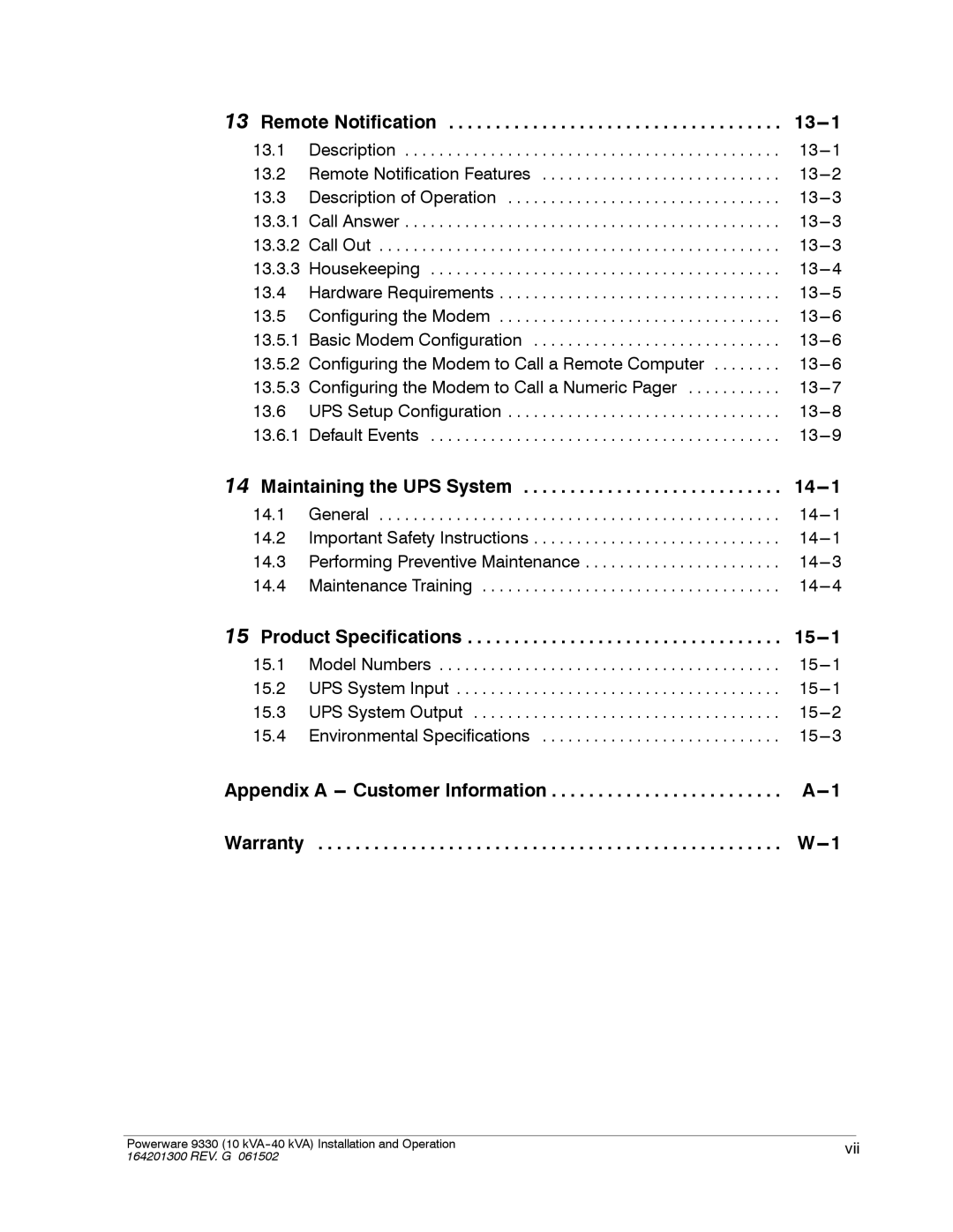 Powerware 9330 Remote Notification 13---1, Maintaining the UPS System 14---1, Product Specifications 15---1 