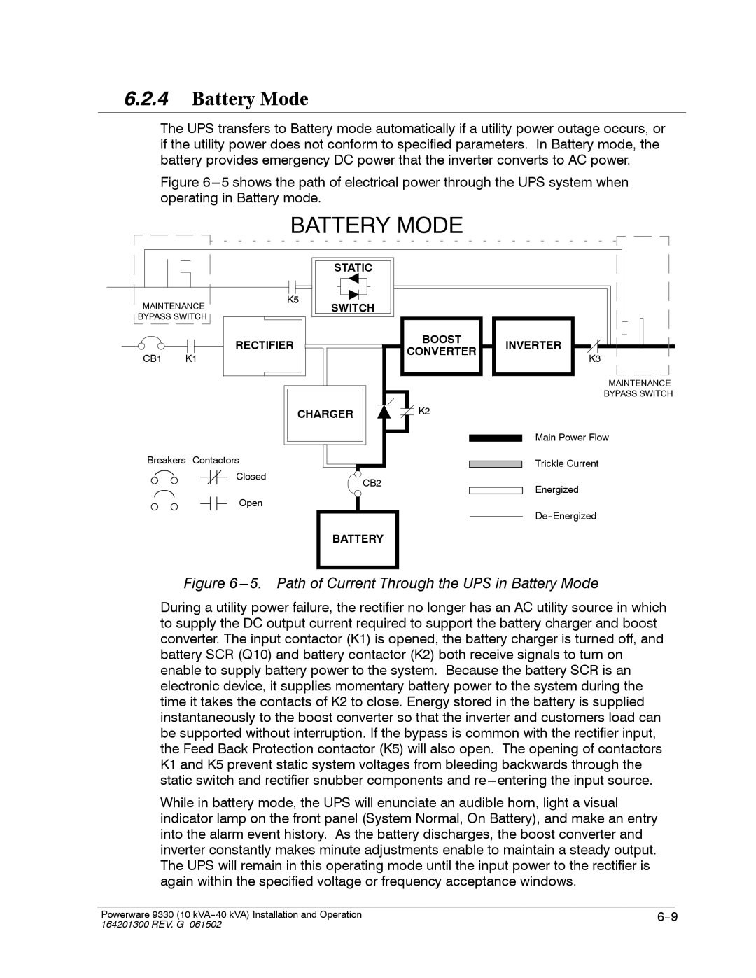 Powerware 9330 operation manual Battery Mode 