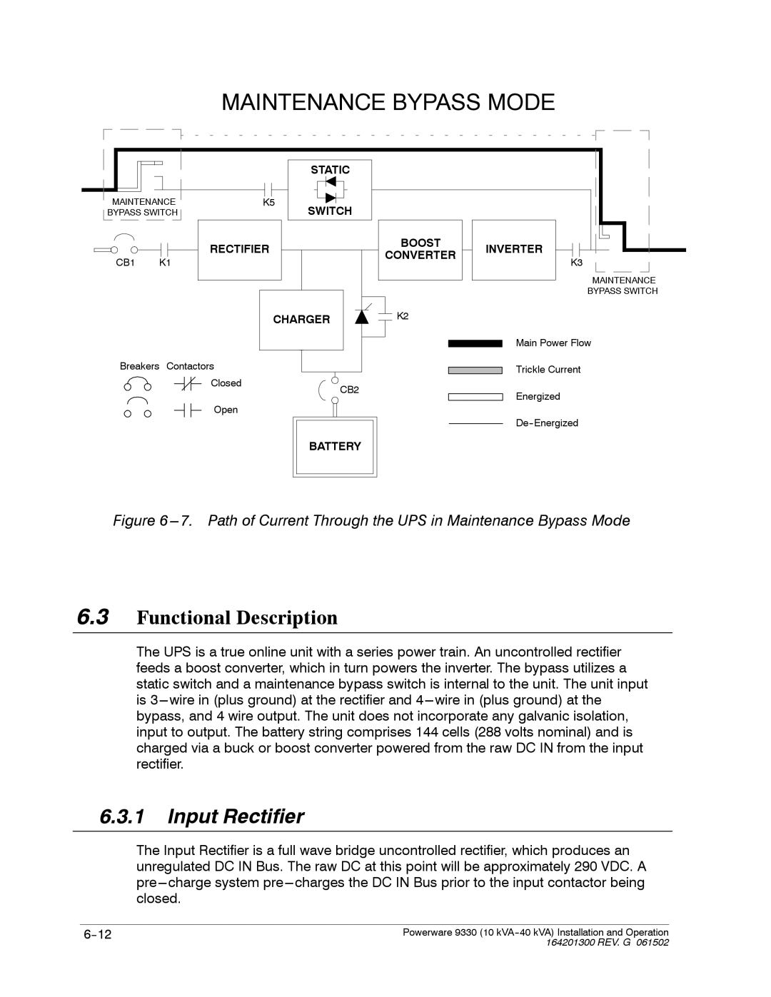 Powerware 9330 operation manual Maintenance Bypass Mode, Input Rectifier 