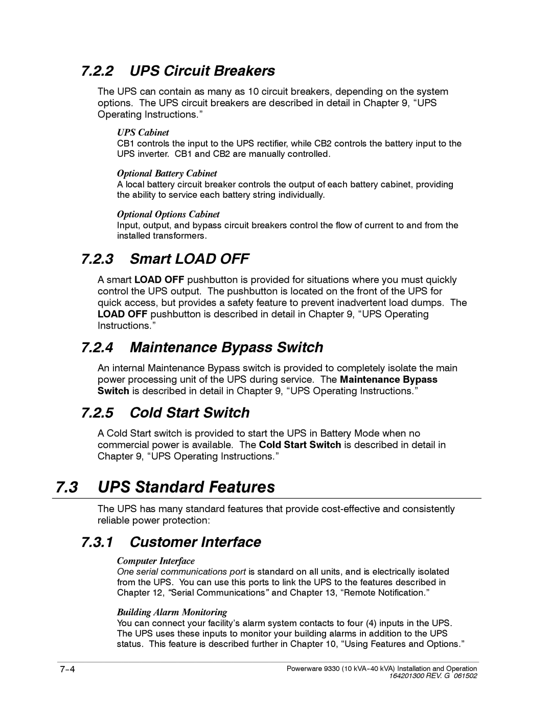 Powerware 9330 operation manual UPS Standard Features 