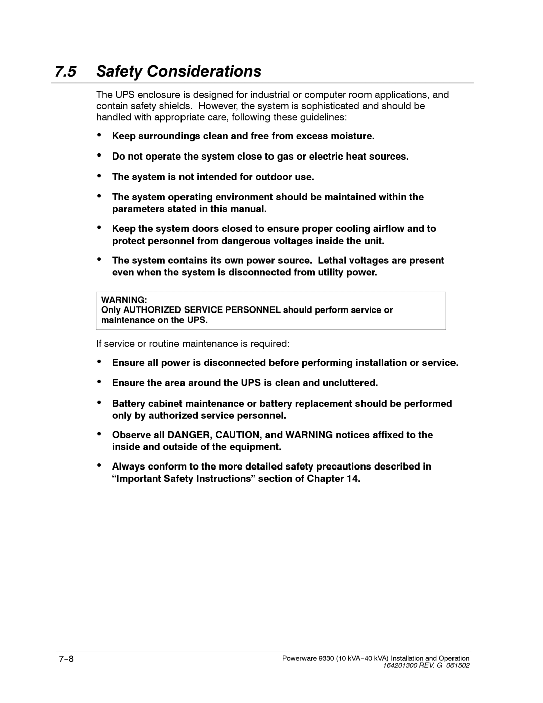 Powerware 9330 operation manual Safety Considerations 