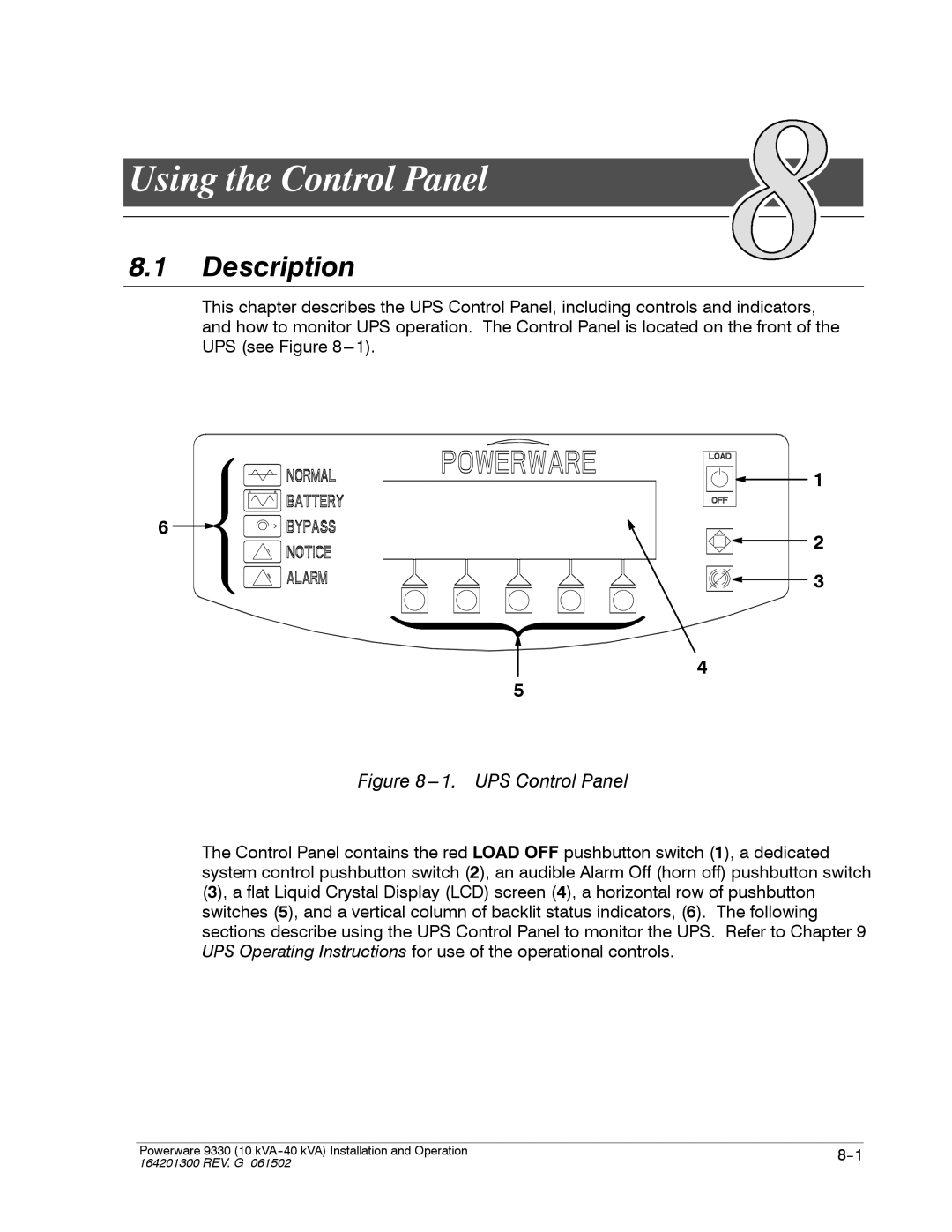 Powerware 9330 operation manual Using the Control Panel, Description 