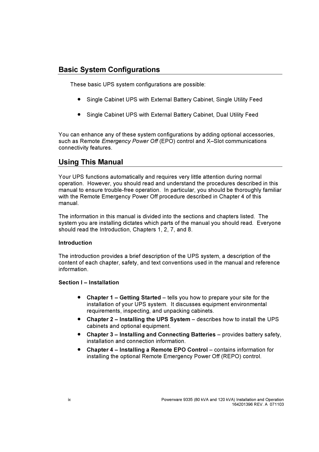 Powerware 9335 operation manual Basic System Configurations 