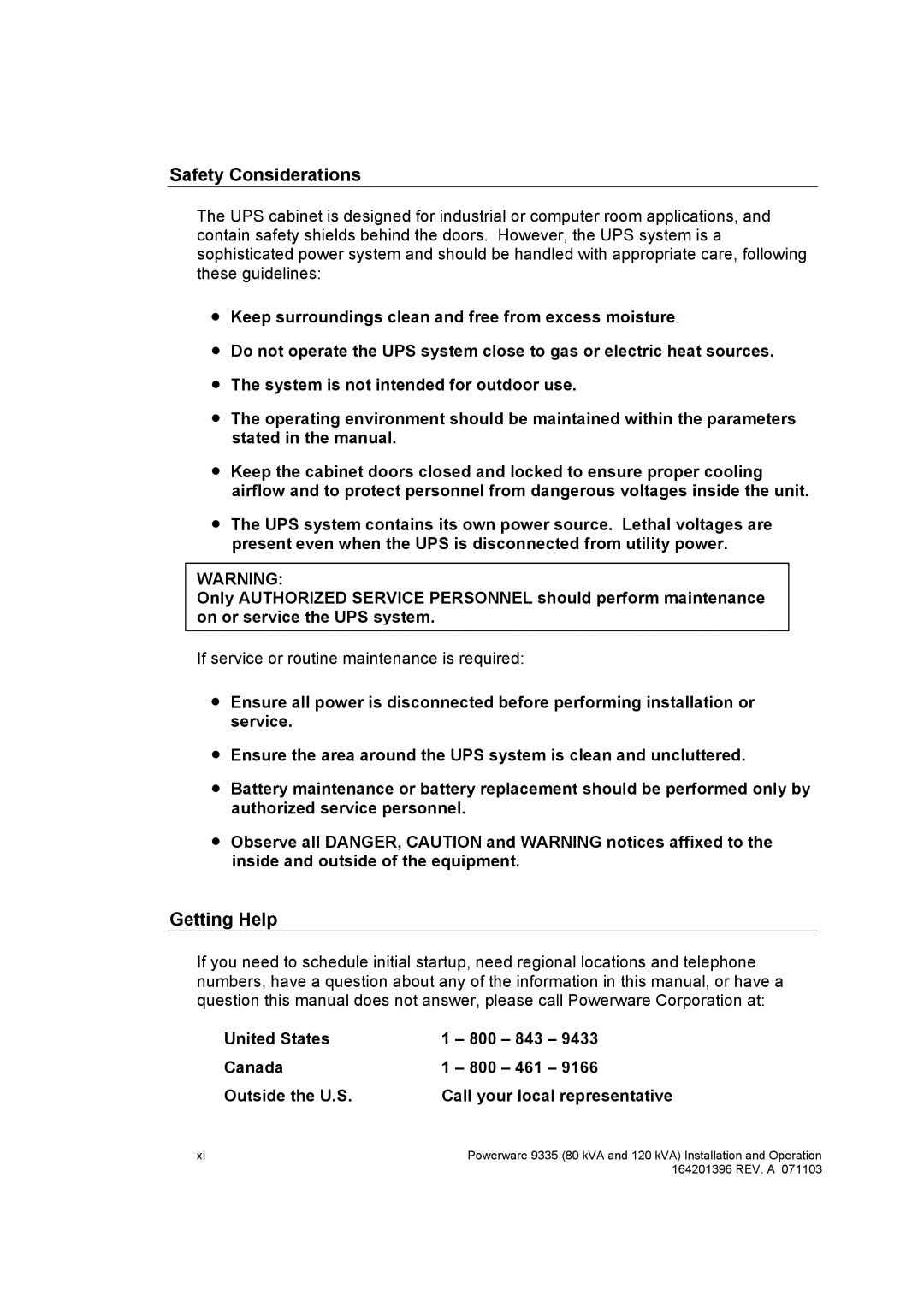 Powerware 9335 operation manual Safety Considerations, Getting Help 