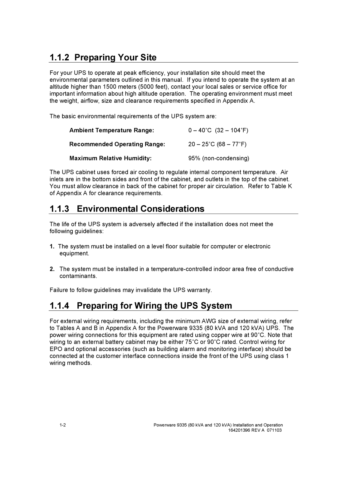 Powerware 9335 operation manual Preparing Your Site, Environmental Considerations, Preparing for Wiring the UPS System 