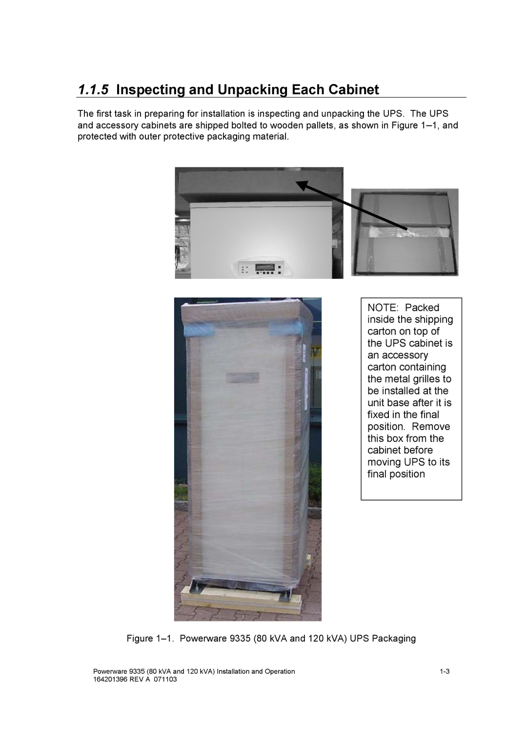 Powerware operation manual Inspecting and Unpacking Each Cabinet, Powerware 9335 80 kVA and 120 kVA UPS Packaging 