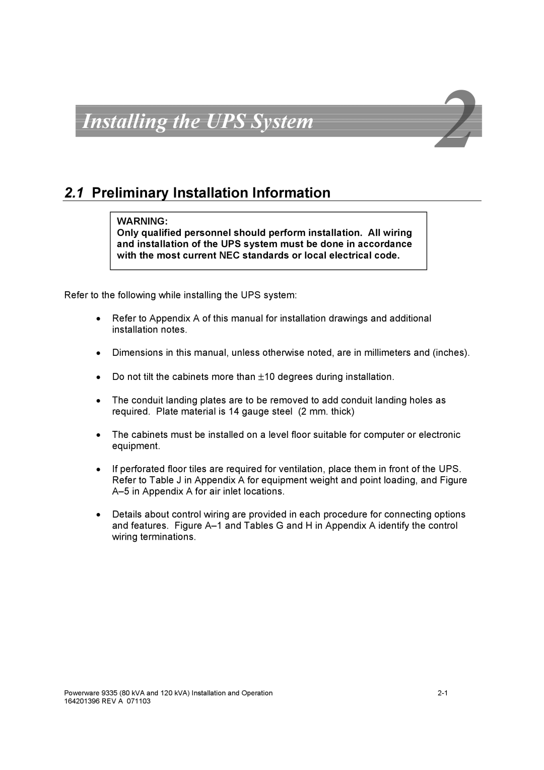 Powerware 9335 operation manual Installing the UPS System, Preliminary Installation Information 