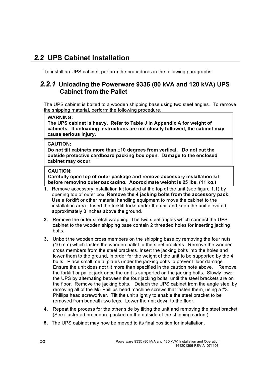 Powerware 9335 operation manual UPS Cabinet Installation 