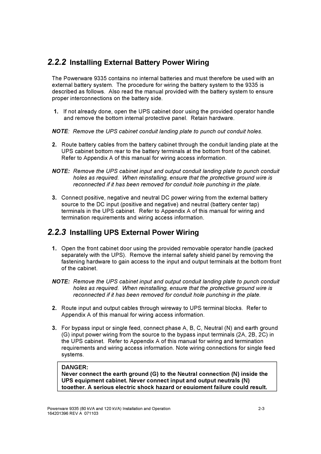 Powerware 9335 operation manual Installing External Battery Power Wiring 