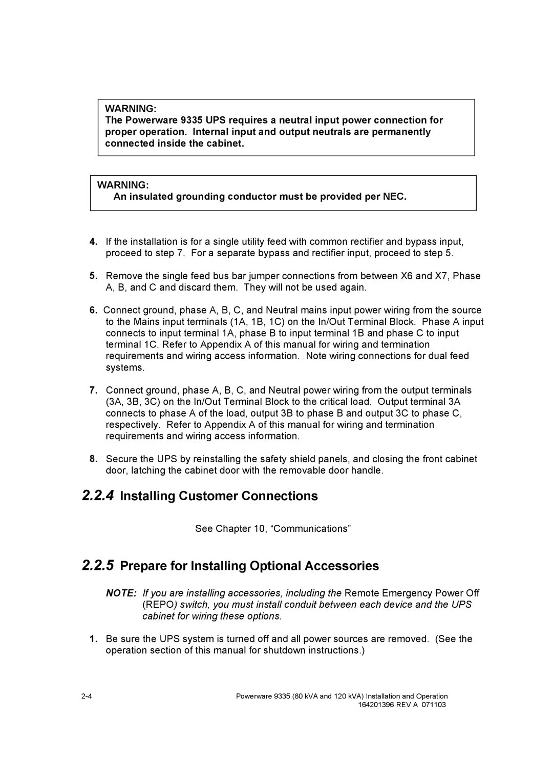 Powerware 9335 operation manual Installing Customer Connections 