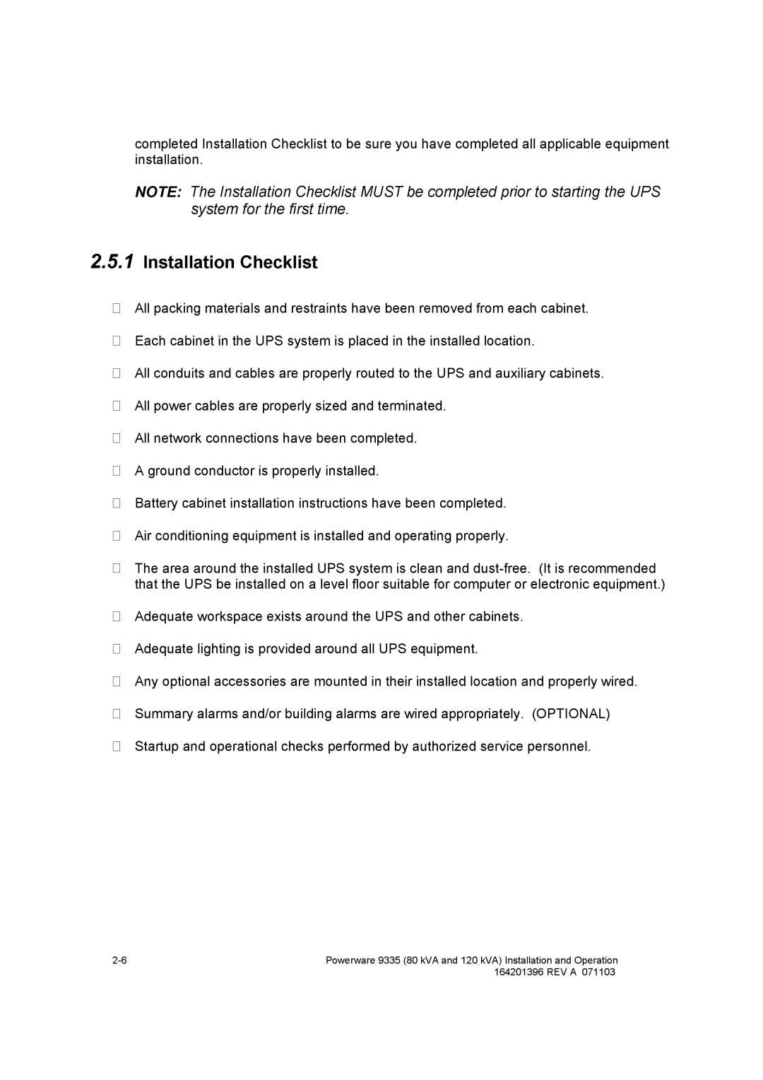 Powerware 9335 operation manual Installation Checklist 