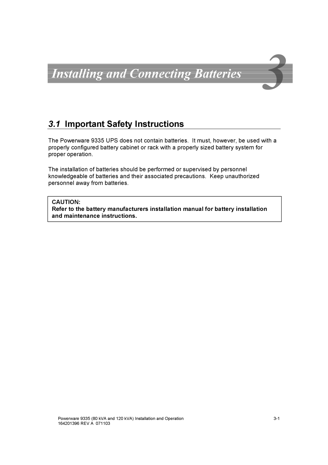 Powerware 9335 operation manual Installing and Connecting Batteries, Important Safety Instructions 