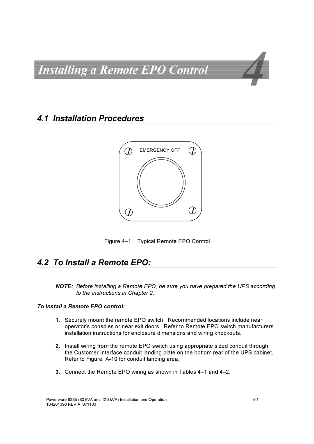 Powerware 9335 operation manual Installing a Remote EPO Control, Installation Procedures, To Install a Remote EPO 