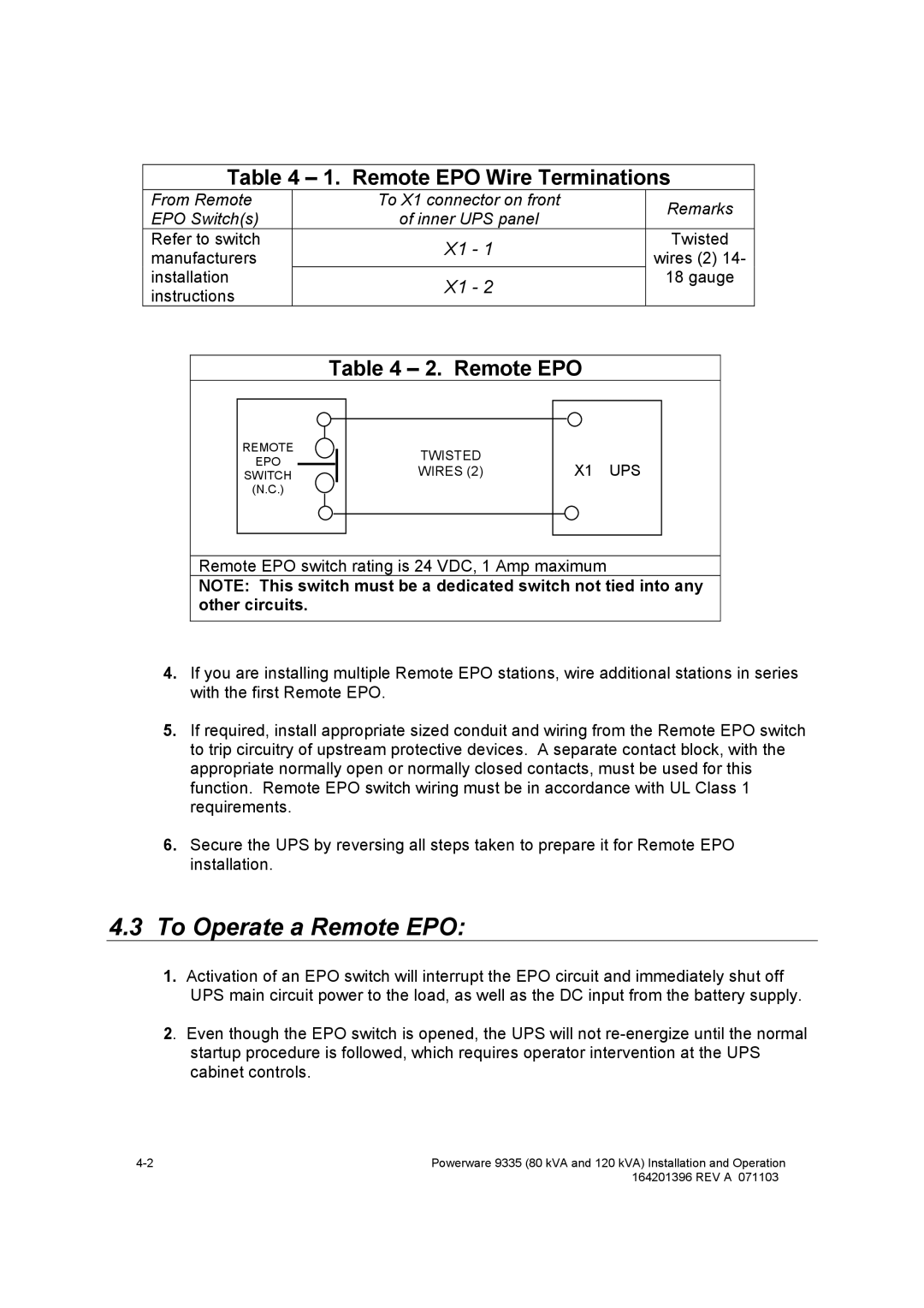 Powerware 9335 operation manual To Operate a Remote EPO, Remote EPO Wire Terminations 