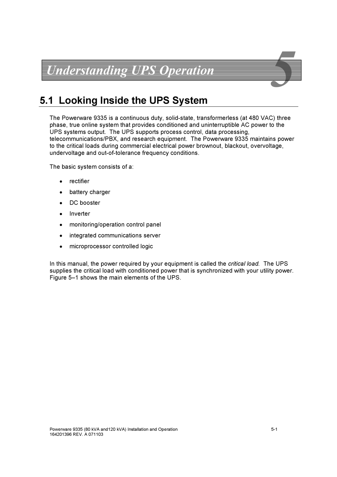 Powerware 9335 operation manual Understanding UPS Operation, Looking Inside the UPS System 