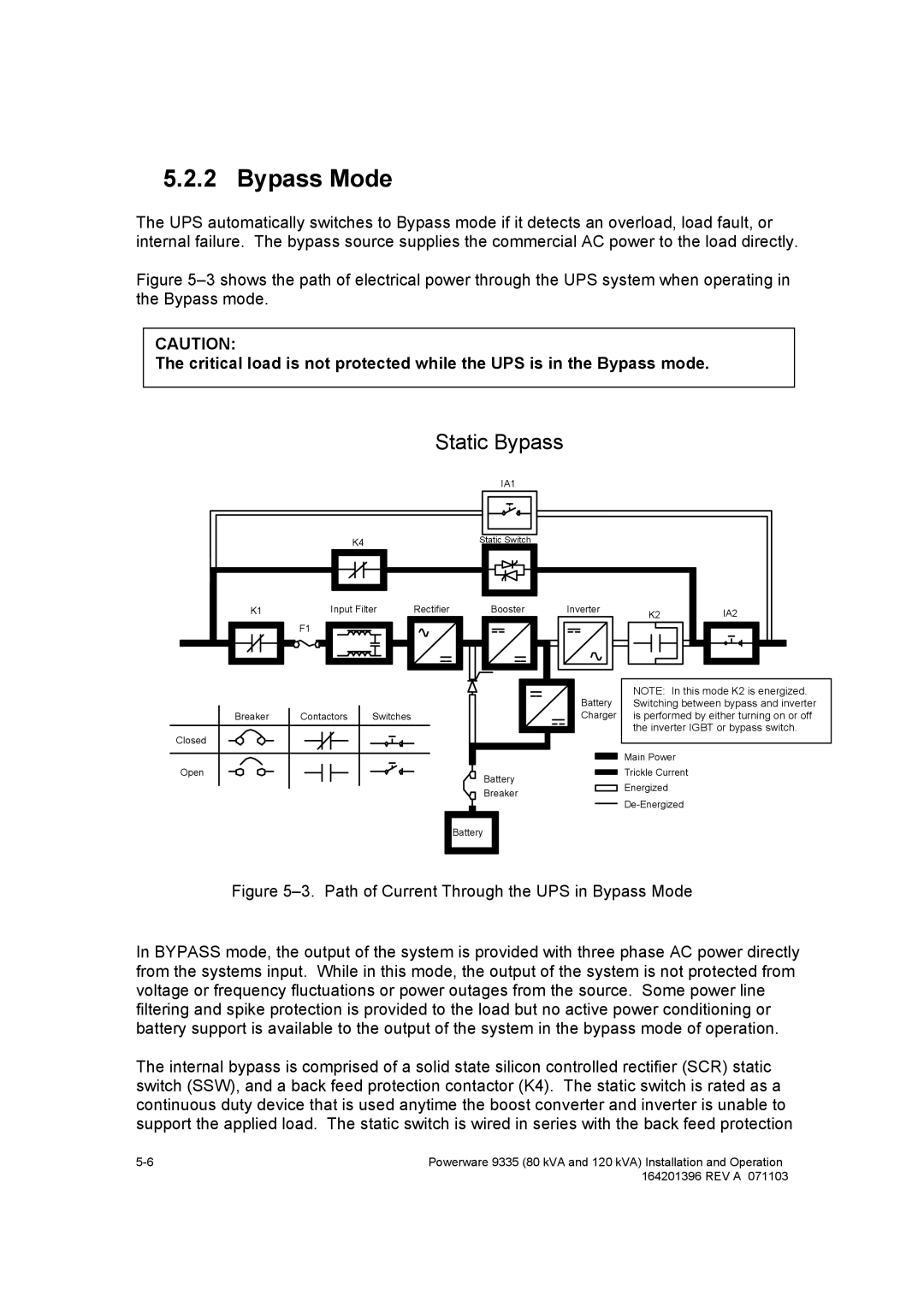 Powerware 9335 operation manual Bypass Mode, Static Bypass 