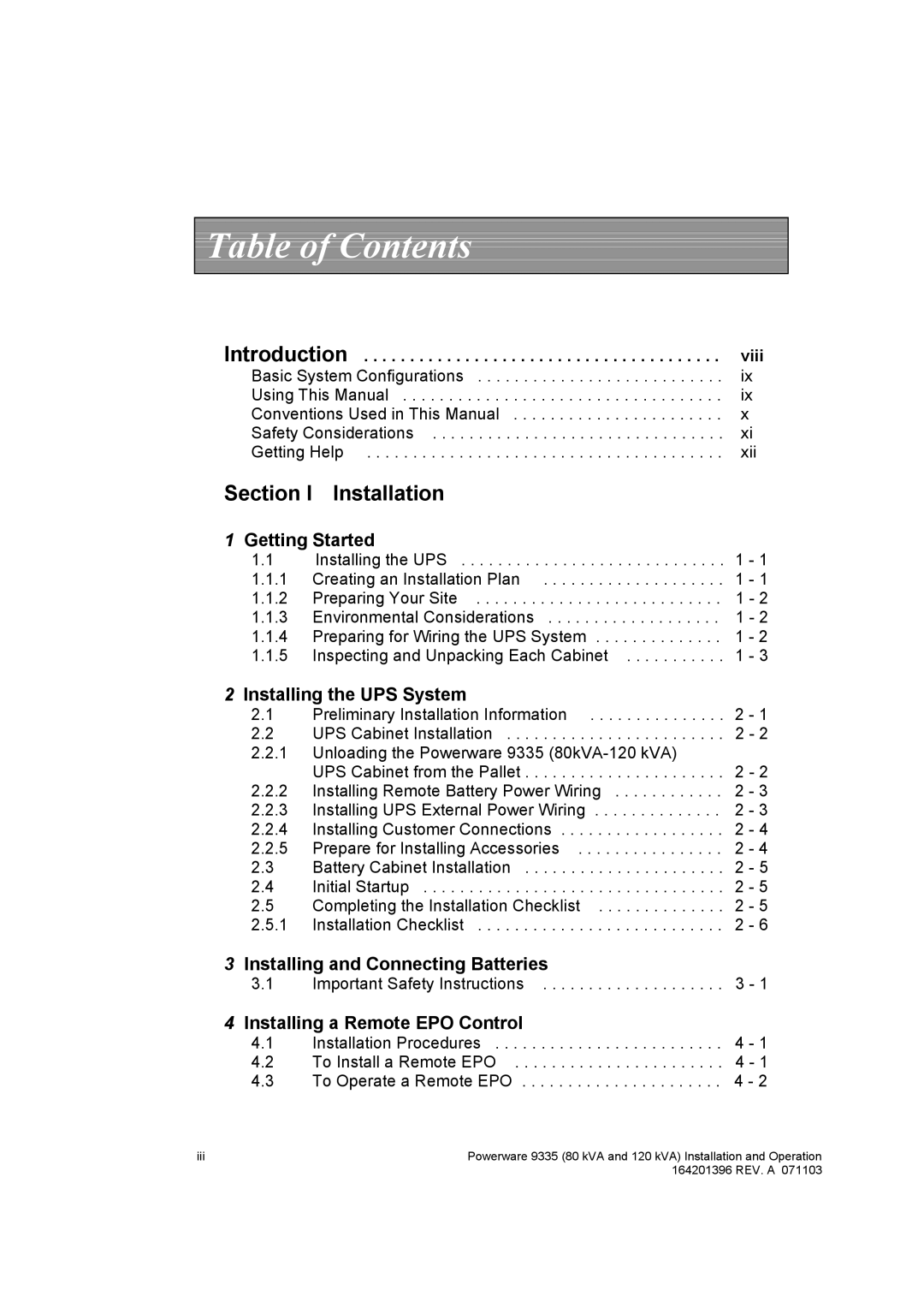 Powerware 9335 operation manual Table of Contents 