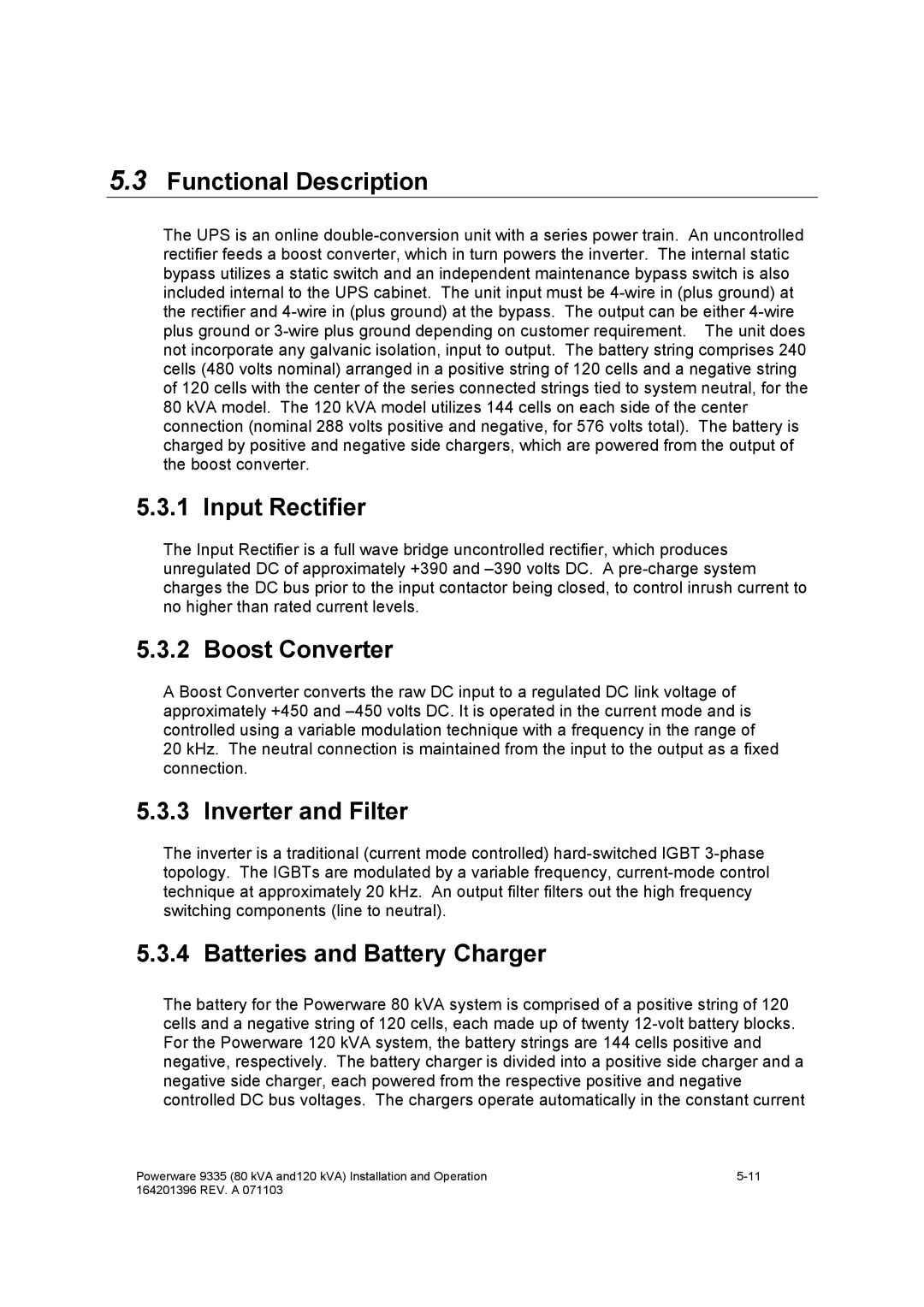 Powerware 9335 operation manual Functional Description, Input Rectifier, Boost Converter, Inverter and Filter 