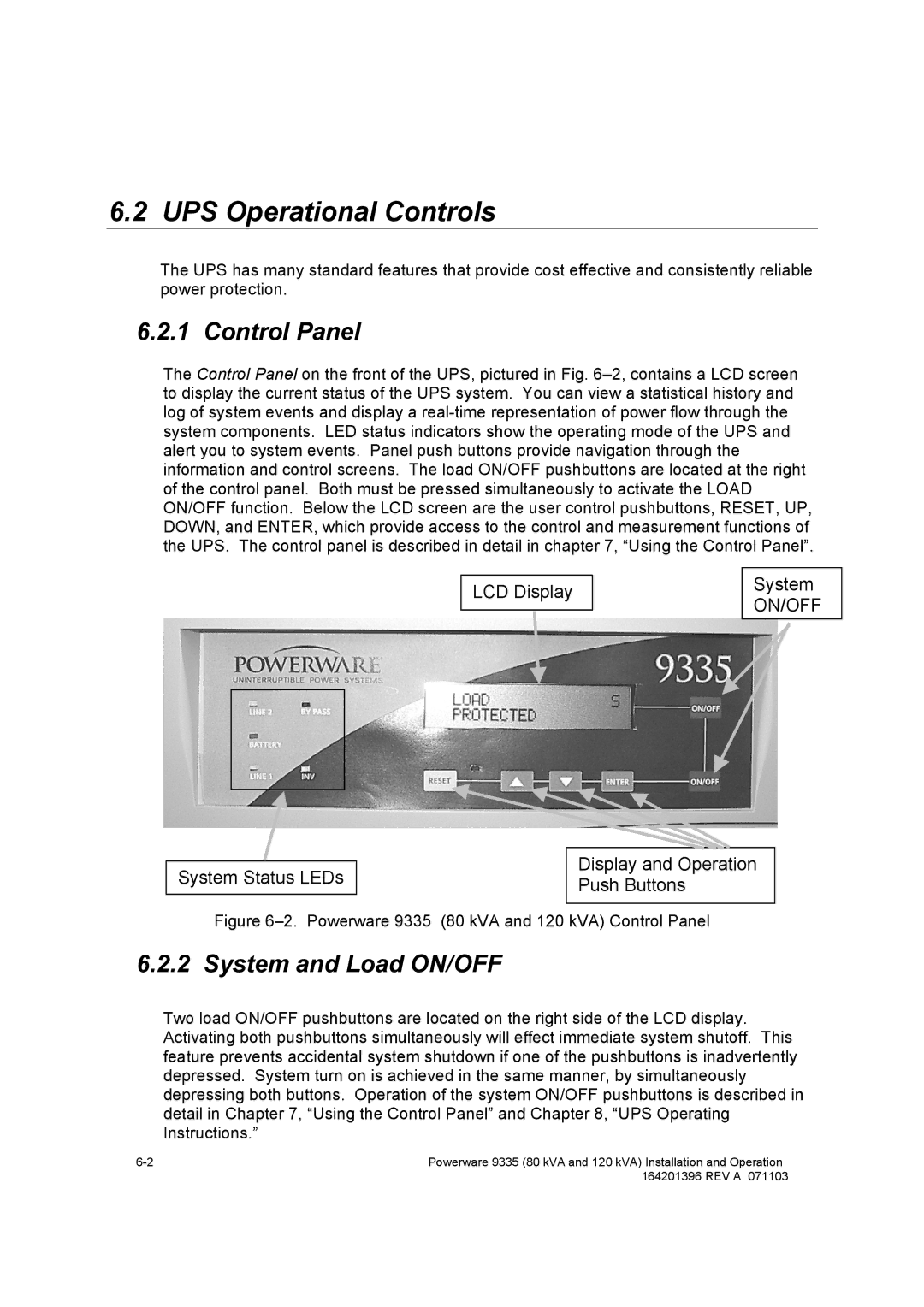 Powerware 9335 operation manual UPS Operational Controls, Control Panel, System and Load ON/OFF 