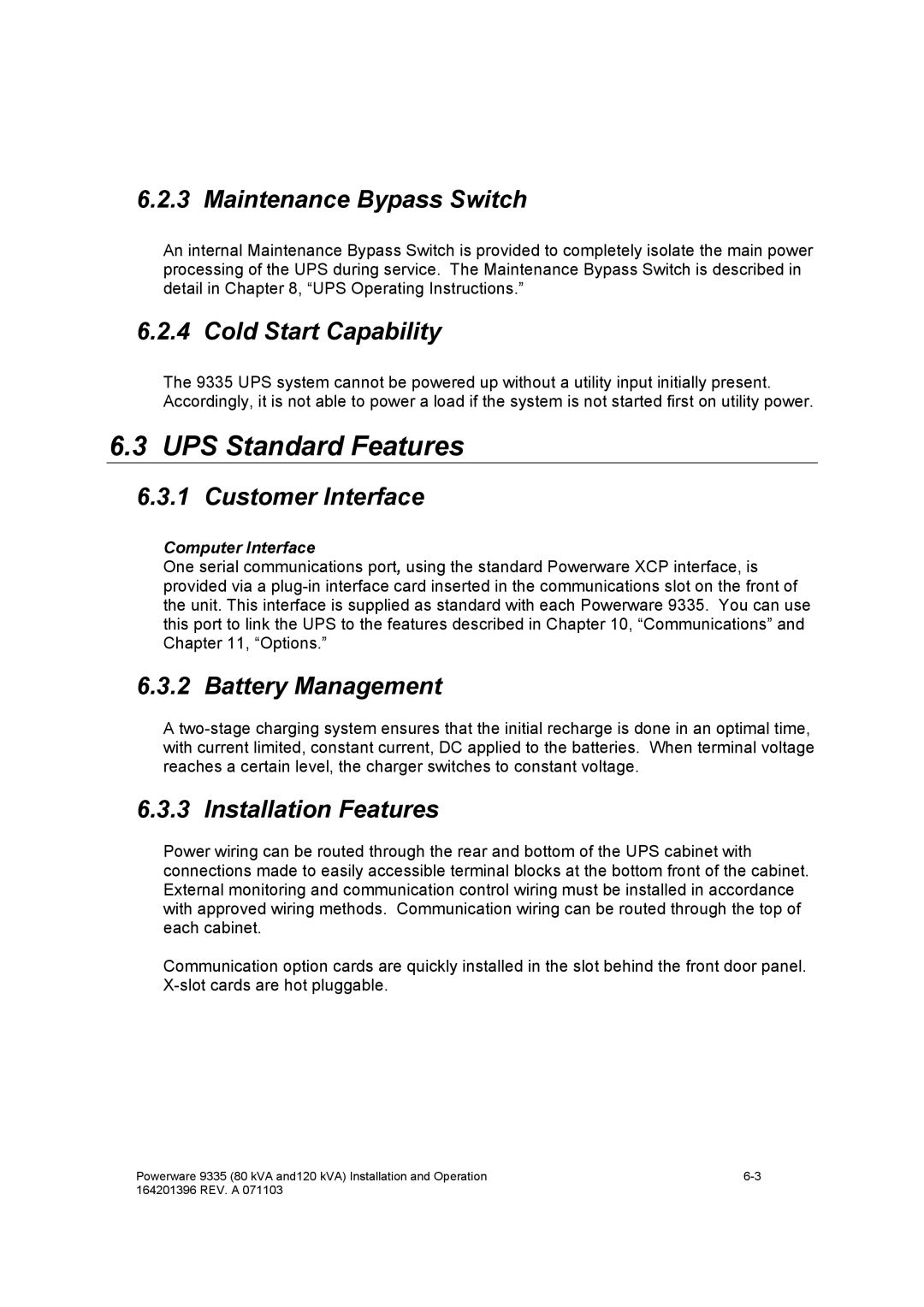 Powerware 9335 operation manual UPS Standard Features 