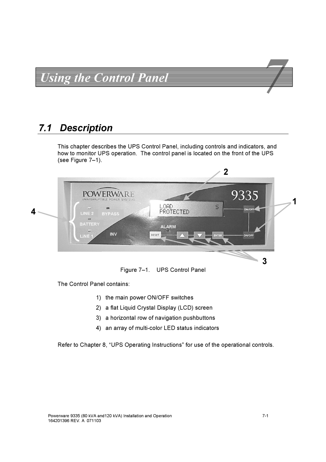 Powerware 9335 operation manual Using the Control Panel, Description 