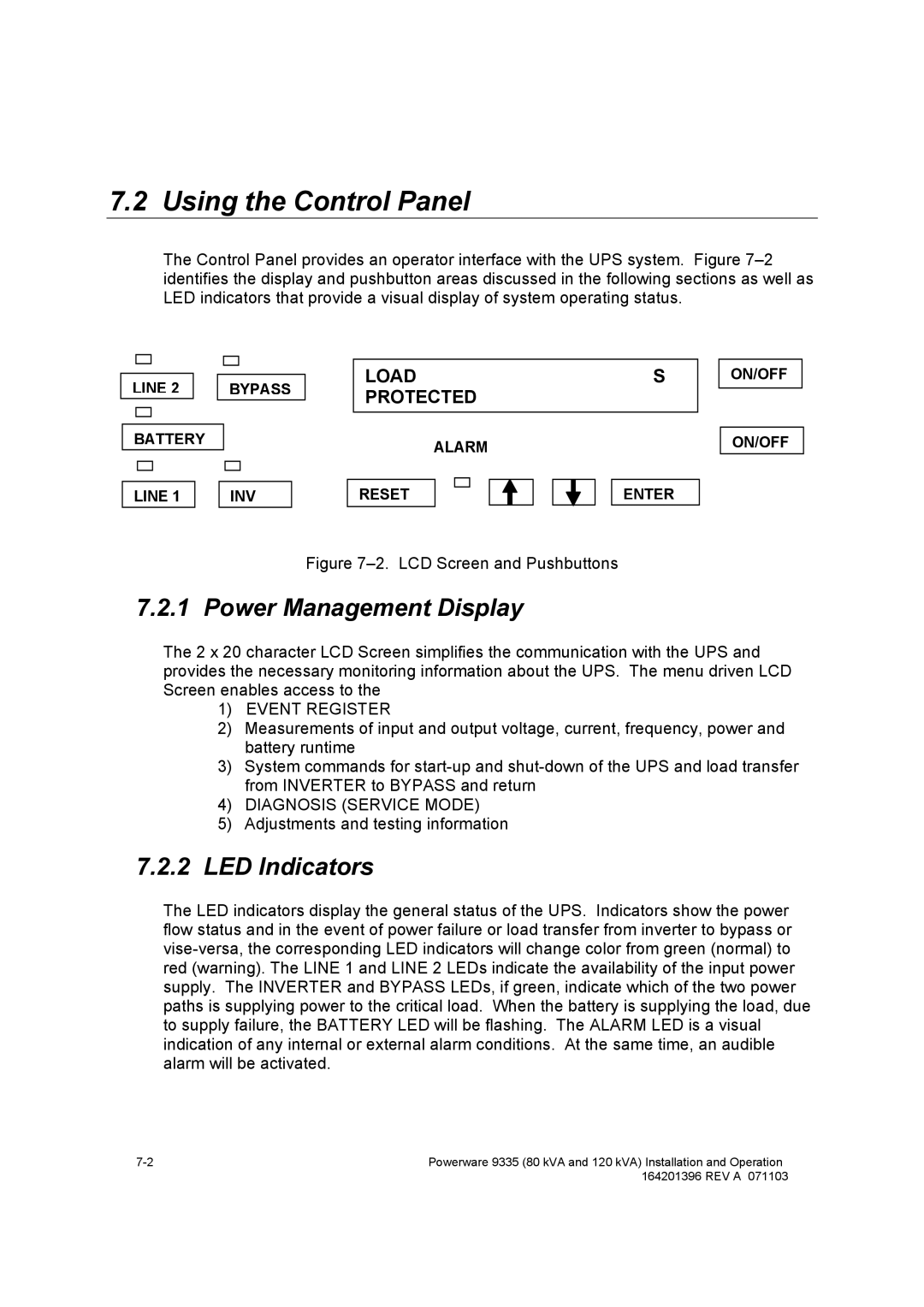 Powerware 9335 operation manual Using the Control Panel, Power Management Display, LED Indicators 