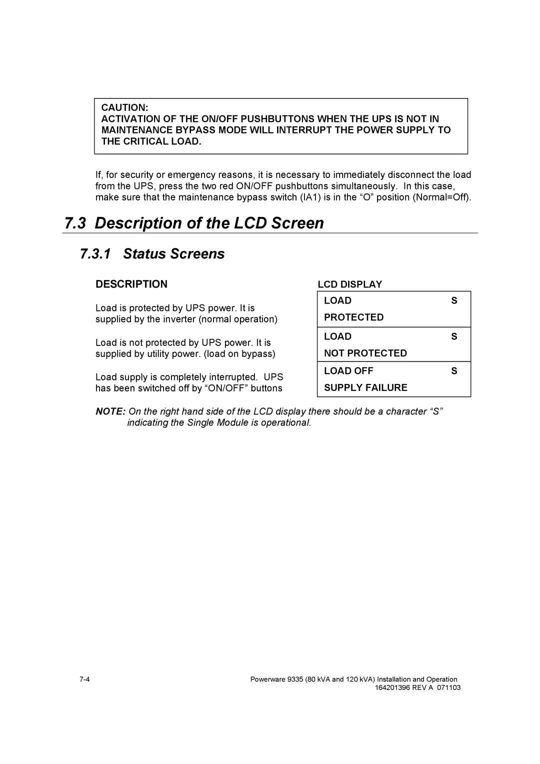 Powerware 9335 operation manual Description of the LCD Screen, Status Screens 