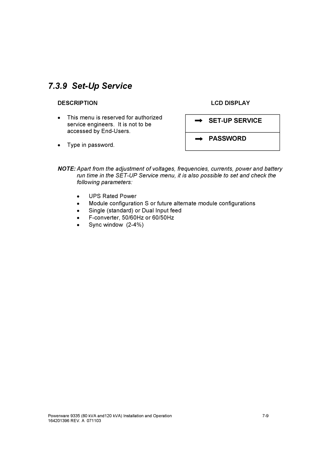 Powerware 9335 operation manual Set-Up Service, SET-UP Service Password 