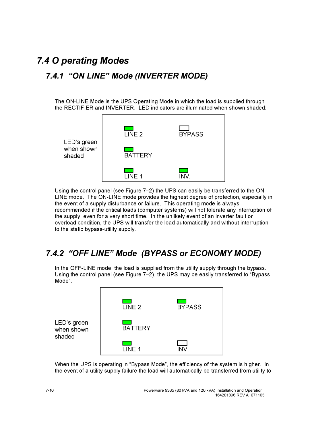 Powerware 9335 operation manual Perating Modes, On Line Mode Inverter Mode, OFF Line Mode Bypass or Economy Mode 