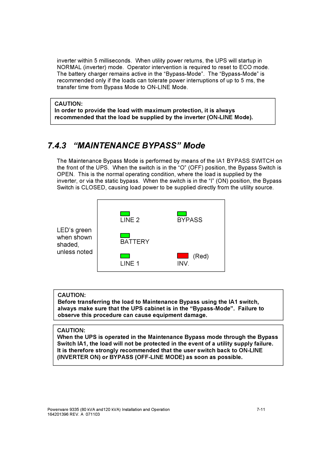 Powerware 9335 operation manual Maintenance Bypass Mode, Line INV 