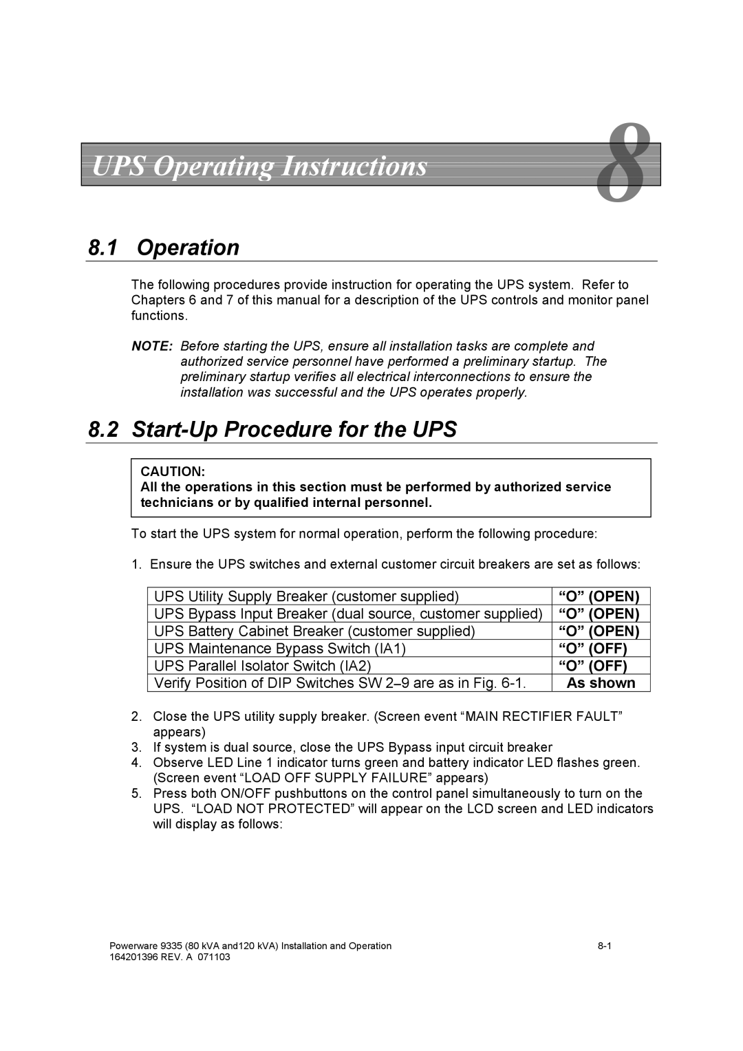 Powerware 9335 operation manual UPS Operating Instructions, Operation, Start-Up Procedure for the UPS 