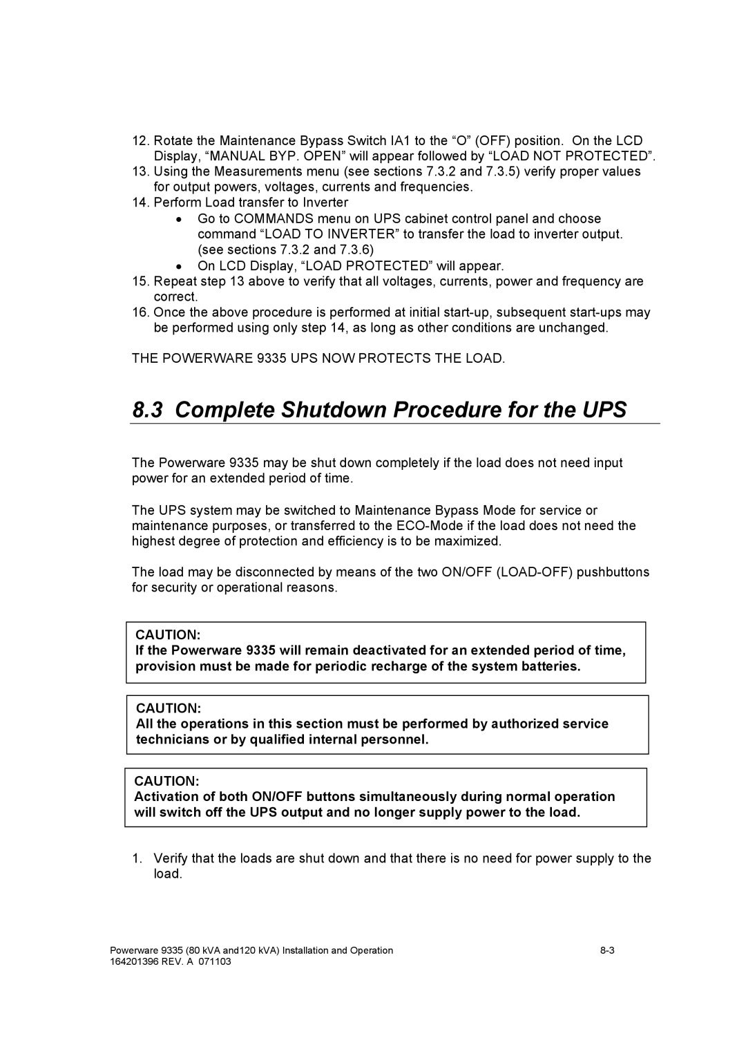 Powerware 9335 operation manual Complete Shutdown Procedure for the UPS 