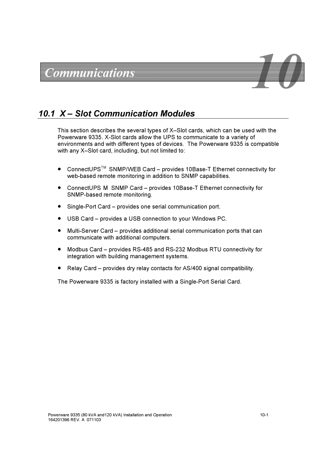 Powerware 9335 operation manual Communications10, Slot Communication Modules 