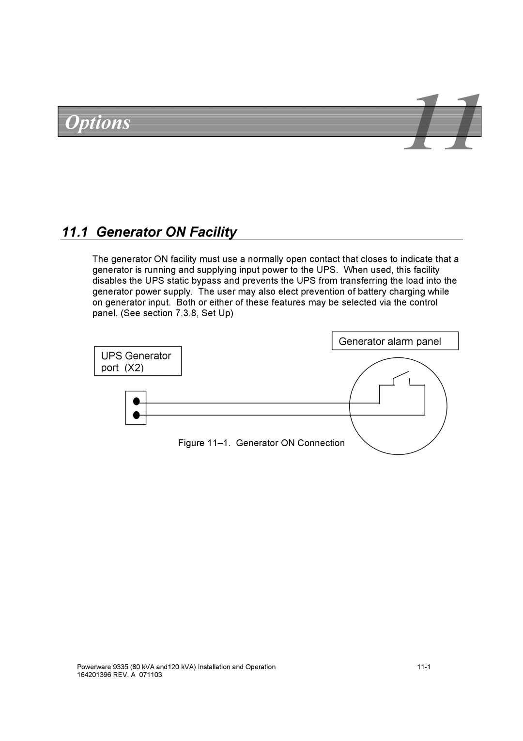 Powerware 9335 operation manual Options, Generator on Facility 