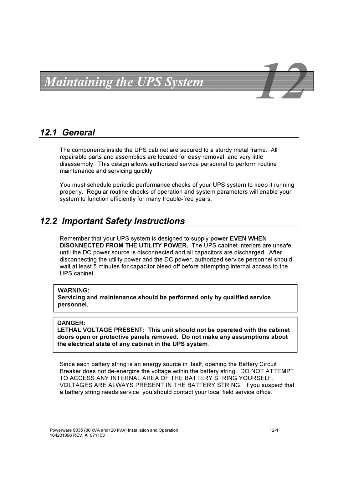 Powerware 9335 operation manual Maintaining the UPS System, General, Important Safety Instructions 