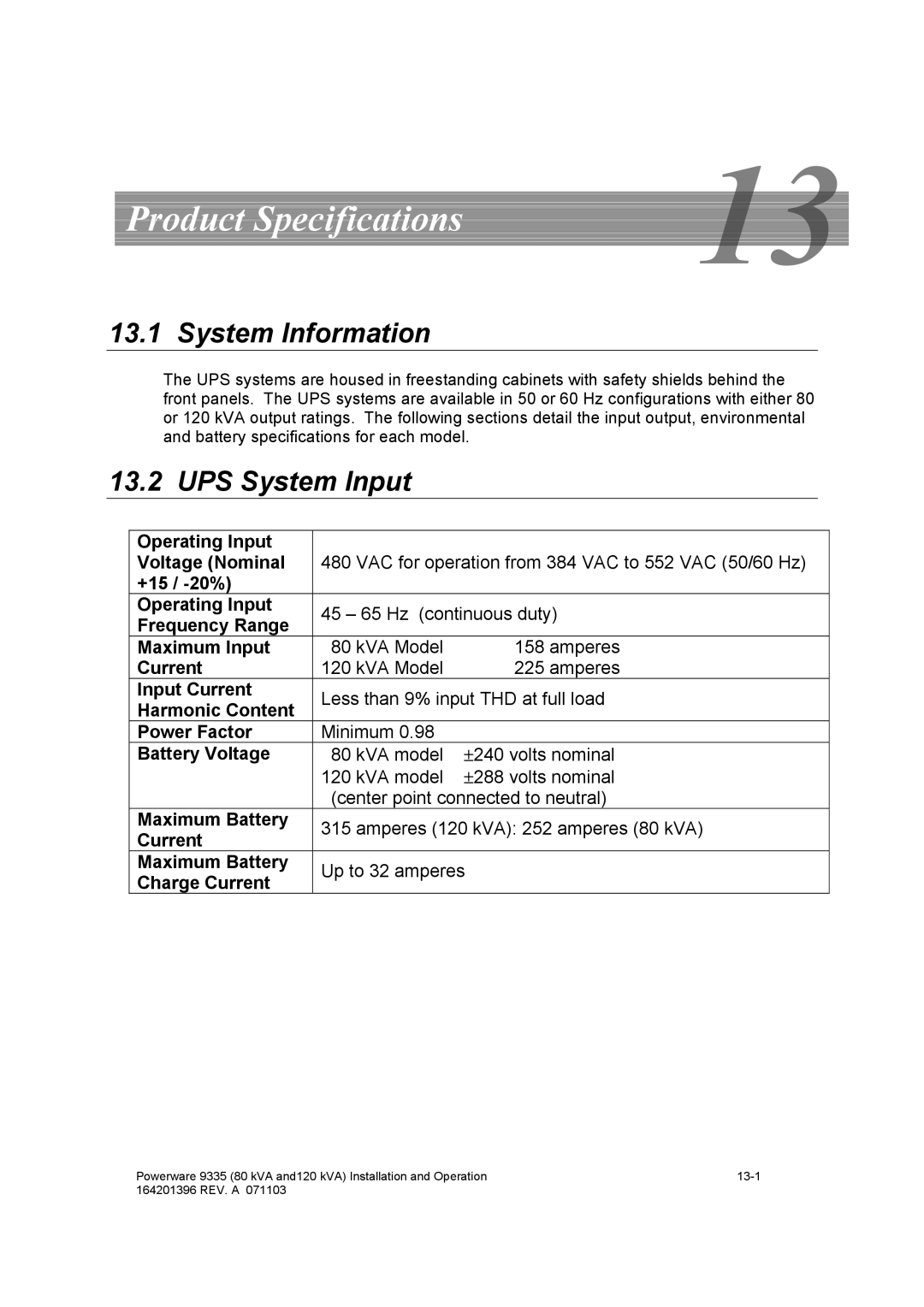 Powerware 9335 operation manual Product Specifications, System Information, UPS System Input 